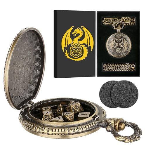 Mini DND Dice Set with Steampunk Double Dragon Pocket Watch Case, Tiny 7-Piece Polyhedral Metal D&D Dice, DND Gifts with Gift Box, Role Playing Game Board Game Accessories Dice, Bronze - color: Bronze