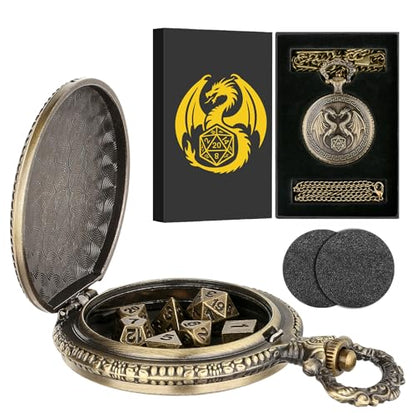 Mini DND Dice Set with Steampunk Double Dragon Pocket Watch Case, Tiny 7-Piece Polyhedral Metal D&D Dice, DND Gifts with Gift Box, Role Playing Game Board Game Accessories Dice, Bronze - color: Bronze