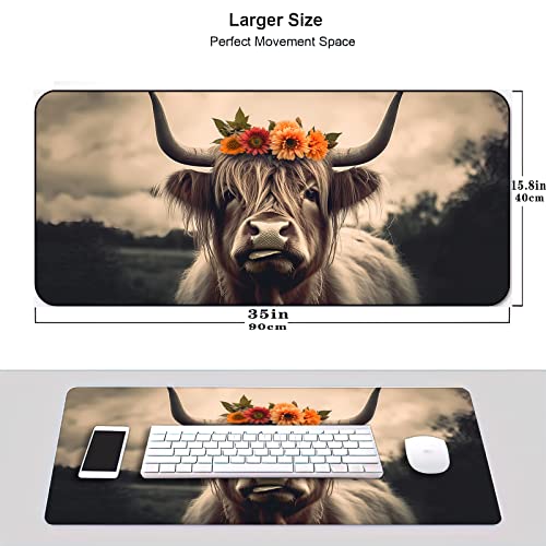 Desk Mat,Highland Cow Gaming Mouse Pad,XXL Extended Mouse Pad Mat for Office,Computer,Keyboard with Non-Slip Base Stitched Eges Mousepad 35''×15.7''×0.12'' - color: Highland Cow
