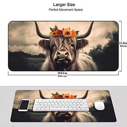 Desk Mat,Highland Cow Gaming Mouse Pad,XXL Extended Mouse Pad Mat for Office,Computer,Keyboard with Non-Slip Base Stitched Eges Mousepad 35''×15.7''×0.12'' - color: Highland Cow
