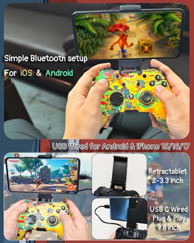 Wzuiсov RGB Wireless Game Controller for Switch/PC/iPhone/Android - Bluetooth & USB-C Wired with Phone Mount, USB C to A Adapter, Tablet, TV Box & Tesla Compatible - color: Greed&Yellow