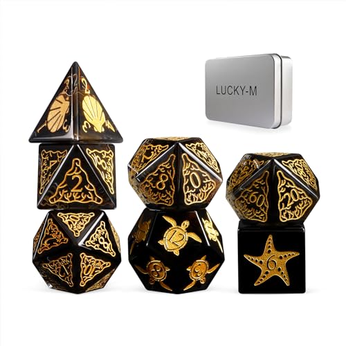 LUCKY-M Turtle Dice DND Set 7PCS, Polyhedral Dice D&D for Dungeons and Dragons, Black Dice with Case for RPG MTG Tabletop Games Men & Women Gift(Black) - color: Pt-black