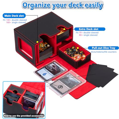 MTG Deck Box for Commander with Dice Tray,Designed for MTG Commander | Card Deck Box Fits 200+ Double Sleeved Cards,Card Storage Box with 3 Dividers 2 card holder - color: Red