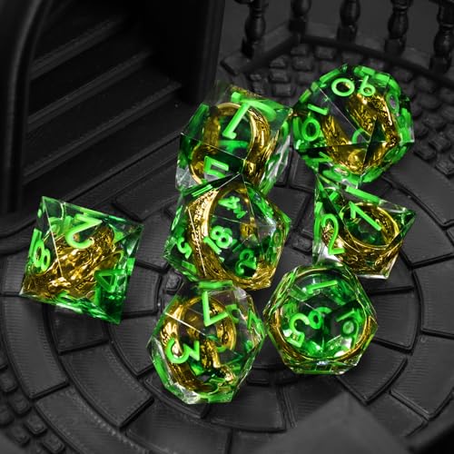 FONVGOGO Magic Lord Rings DND Dice Set, Sharp Edge Resin D and D Dice with Box 7Pcs Dungeons and Dragons Polyhedral Dice Set for Role Playing Game Gift Tabletop Games (Ring Green) - color: Ring Green