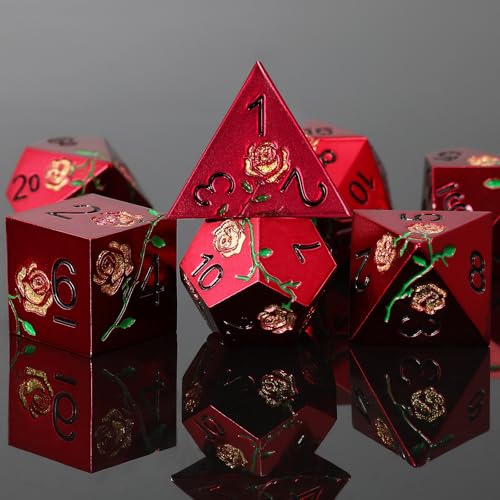 Rose Engraved Metal Dice Set 7PCS for DND RPG Tabletop Gaming | Solid zinc alloy build with 150g weight for balanced rolls(Red with Golden Rose) - color: Red With Golden Rose