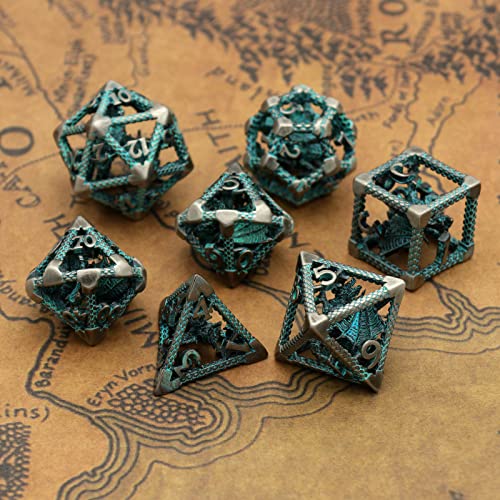 DND Dice Set,3D Hollow Dragon Metal 7-Die,Silver Blue | Solid Copper,Lightweight 68g Dice Set,Easy-to-Read Numbers,Gift Box & Velvet Bag for DND and TTRPG Gaming - color: 3d-sliver Blue