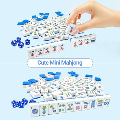 American Mahjong Tile Set, 166 Tiles (1.2”), Cute Mini Mahjong Tiles- Blue | Mahjong Tile Set with Carrying Bag, Dice, Mat, Portable Travel Complete Game Set for Home Outdoor Enthusiast Gift - color: Blue