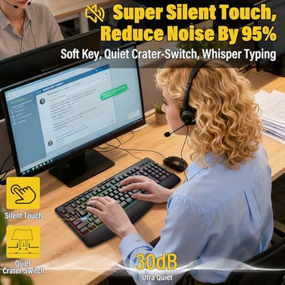E-YOOSO Wireless Bluethooth Silent Backlit Gaming Keyboard,Tri-Mode BT5.0/2.4GHz/Wired,8 RGB Light up,Ergonomic,USB C Rechargeable,for Typing/Office/Home/PC Computer/Mac/Laptop/IPad/Xbox/PS5