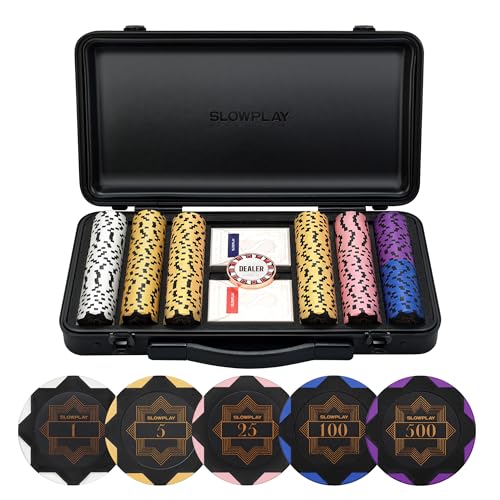 SLOWPLAY Nash Clay Poker Set, 14g&40mm Poker Chips for Texas Hold'em | Black Gold Edition; 300 pcs Numbered Full Set; premium case with PC Shell; clay composite poker chips; Art Deco style - color: Black Gold, size: 300PCS Numbered Full Set (1, 5, 25, 100