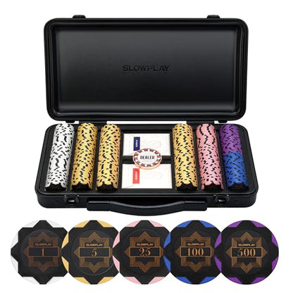 SLOWPLAY Nash Clay Poker Set, 14g&40mm Poker Chips for Texas Hold'em | Black Gold Edition; 300 pcs Numbered Full Set; premium case with PC Shell; clay composite poker chips; Art Deco style - color: Black Gold, size: 300PCS Numbered Full Set (1, 5, 25, 100
