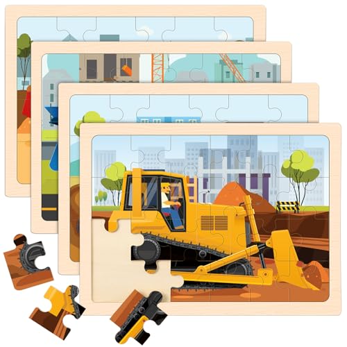 Wooden Puzzles for Kids Ages 4-6, 4 Packs 24 PCS Construction Vehicle Jigsaw Puzzles for Kids Ages 3-5, Preschool Educational Puzzles Boards Toys Gifts for Boys Girls - style: Vehicle