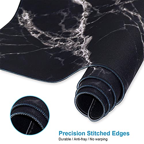 XXL Waterproof Office Desk Pad Protector 35.4x15.7 Inch - Extended Gaming Mouse Pad with Non-Slip Rubber Base, Thickened Keyboard Mat, Stitched Edges & Black White Marble Design - color: Black White