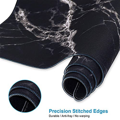 XXL Waterproof Office Desk Pad Protector 35.4x15.7 Inch - Extended Gaming Mouse Pad with Non-Slip Rubber Base, Thickened Keyboard Mat, Stitched Edges & Black White Marble Design - color: Black White