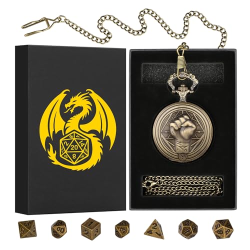 Mini DND Dice Set with Steampunk Monk (Fist) Pocket Watch Case, Tiny 7PCS Polyhedral Metal D&D Dice, DND Gifts with Gift Box, Role Playing Game Board Game Accessories Dice, Bronze - color: Bronze