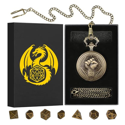 Mini DND Dice Set with Steampunk Monk (Fist) Pocket Watch Case, Tiny 7PCS Polyhedral Metal D&D Dice, DND Gifts with Gift Box, Role Playing Game Board Game Accessories Dice, Bronze - color: Bronze