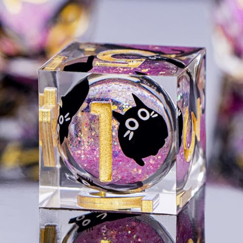 DND Cat Dice Set Pink Sharp Edge Dice with Box, RPG D and D Dice Dungeons Dragons Role Playing Game Polyhedral Resin Dice Set D20 D12 D10 D8 D6 D4 - color: Pink Gold