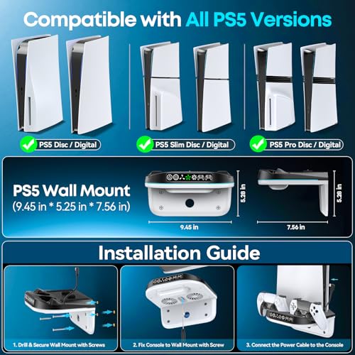 P S5 Wall Mount Kit with Cooling Fan and Charging Station Compatible with PS5/ Slim/ Pro Disc and Digital, PS Five Floating Shelf with 9 RGB Lights, PS 5 Mount Behind TV, P5 Accessories for Gaming, Black and White - color: Black and White