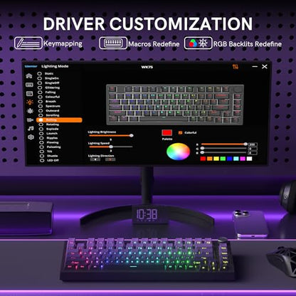 COSTOM WK75 75% Wireless Gaming Mechanical Keyboard Gasket Structure | BT5.0/2.4GHz/USB-C, Hot Swappable Pre-lubed Custom Linear Switches, RGB Backlit Keyboard for PC/Laptop/Xbox/PS4/PS5 (Purple) - color: Purple