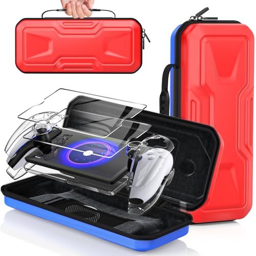 FYOUNG 3 in 1 Accessories Case Bundle for Playstation Portal | Carrying Case & Hard PC Clear Cover with Screen Protector, Protective Case & Hard Shell Travel Handbag for PS5 Portal（Red) - color: Red Blue