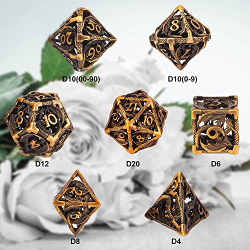 DND Dice,Hollow D&D Metal Dice,Dungeons and Dragons Dice Set with Gift Box,7 PCs Steampunk Polyhedral Dice Games Set for RPG,MTG,Pathfinder,(Dragon Ancient Golden) - color: Dragon Ancient Golden