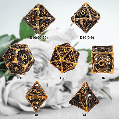 DND Dice,Hollow D&D Metal Dice,Dungeons and Dragons Dice Set with Gift Box,7 PCs Steampunk Polyhedral Dice Games Set for RPG,MTG,Pathfinder,(Dragon Ancient Golden) - color: Dragon Ancient Golden