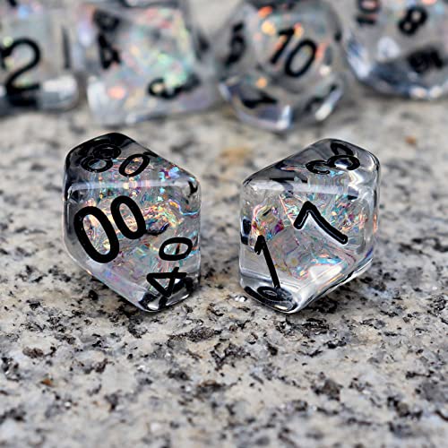 Haxtec Clear DND Dice Set, 7 Pcs Iridescent Resin Polyhedral RPG Dice | Rainbow D&D Dice with Velvet Bag, Rounded Edge, Compatible with Dungeons and Dragons, Gifts for DND Gamers & DM Masters - color: Clear Black