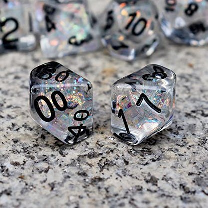 Haxtec Clear DND Dice Set, 7 Pcs Iridescent Resin Polyhedral RPG Dice | Rainbow D&D Dice with Velvet Bag, Rounded Edge, Compatible with Dungeons and Dragons, Gifts for DND Gamers & DM Masters - color: Clear Black