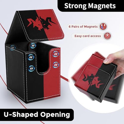 Card Deck Box with 2 Dividers, MTG Commander Deck Box Holds 100+ Double-Sleeved Cards, Leather Magnetic Deck Case Compatible with Magic TCG CCG Cards, Black/Red - color: 1. Blac k& Red, size: 100 Double-sleeved Cards Vertical