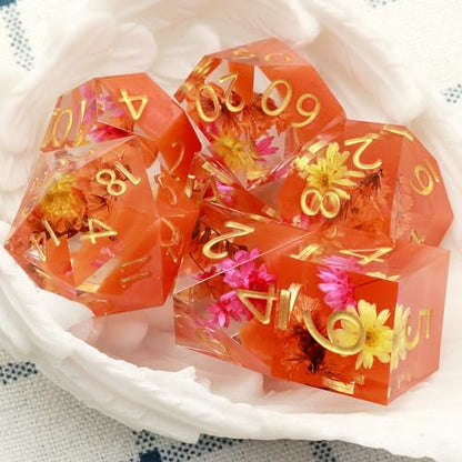 Haxtec Flower DND Dice Set, Orange Sharp Edge Resin Polyhedral Dice | Floral D&D Dice with Metal Case, Handmade Plant Inside, Dungeons and Dragons, TTRPG DND Gifts - color: Orange