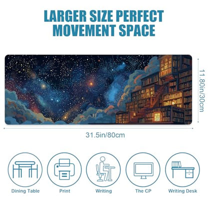 Starry Sky Large Mouse Pad, Desk Mat, Big Gaming Mousepad, XL Extended Laptop Desk Pad with Stitched Edges Non-Slip Rubber Base, Computer Keyboard Mat for Office Home, 31.5x11.8in, Bookshelf - color: Starry Sky