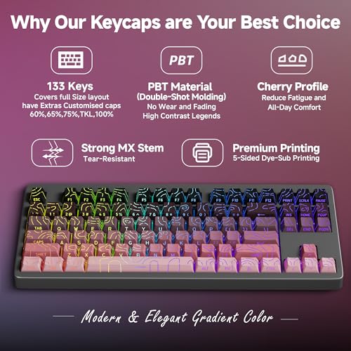 133 Aesthetic Topographic PBT Keycaps, No Tearing, Never Fade & Non-Slip, Modern RGB Backlit Black-to-Pink Gradient Keycaps for Mechanical Keyboard - Ergonomic (Doubleshot, Fit All for MX Layout) - color: Black Pink Gradient