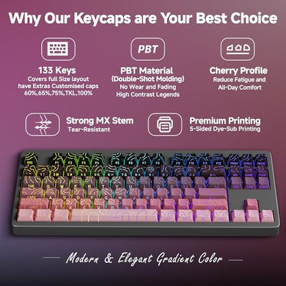 133 Aesthetic Topographic PBT Keycaps, No Tearing, Never Fade & Non-Slip, Modern RGB Backlit Black-to-Pink Gradient Keycaps for Mechanical Keyboard - Ergonomic (Doubleshot, Fit All for MX Layout) - color: Black Pink Gradient