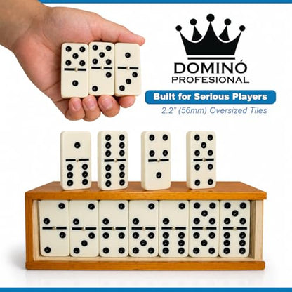 Professional Size Domino Set for Adults, Double Six Dominoes Set with 28 Melamine Tiles, Metal Spinner Center, Large 2.2" Domino Game with Premium Wooden Storage Box, Gift for Men