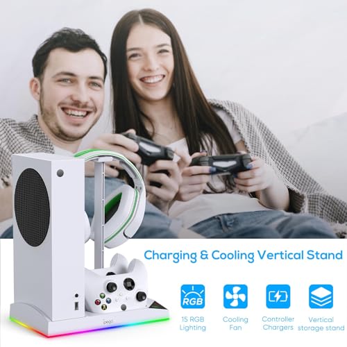 Upgraded RGB Cooling Fan Charge Stand for Xbox Series S Console &Controller | Dual Charger Dock Cooler System Stand with 15 Colorful Light Modes Accessories with 2*1400mAH Rechargeable Battery, White - color: White