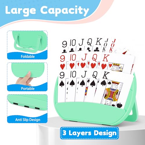 4 PCS Card Holders for Playing Cards, Playing Card Holder for Kids Adults Arthritis Little Hands,3 Layers Stand Foldable Card Holder for Card Games Parties Travel Family Game Night (Green)