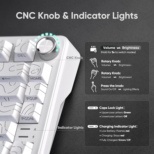 RedThunder K75 Wireless Mechanical Keyboard, CNC Knob, Tri-Mode BT5.0/2.4GHz/USB-C Hot Swappable Custom, Pre-lubed Linear Coconut Switches, Gasket Structure, RGB Gaming Keyboard, White Contour Lines - color: White Contour Lines