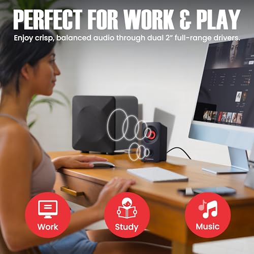 Audiosource Desktop PC Speakers with Bluetooth 5.3, USB-C Plug & Play, 2.0 Stereo Computer Speakers with Dual 2" Drivers, Compact Design, AUX Input, LED Indicator (Black) - color: Black