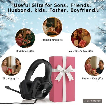 syndesmos Wired Gaming Headset for PS5, PC, Xbox Series X/S, Switch, 207g Ultra-Lightweight, Stereo Bass, 79in Cable with 3.5mm Splitter, Clear Mic, Gamer Gifts