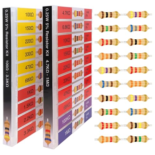 EEEEE 100 Ohm - 1M Ohm with 5% Carbon Resistor Assortment Kit and Electrical Industrial Assorted Set K Ohm Pack for Led Lights (5% 1/4 Watt 1000pcs 100Ω-1MΩ) - size: 5% 1/4W 20 Values