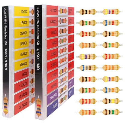 EEEEE 100 Ohm - 1M Ohm with 5% Carbon Resistor Assortment Kit and Electrical Industrial Assorted Set K Ohm Pack for Led Lights (5% 1/4 Watt 1000pcs 100Ω-1MΩ) - size: 5% 1/4W 20 Values