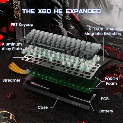 ATTACK SHARK MAMBASNAKE X60 HE Wireless 8K Mechanical RT Keyboard-Moonlight | Tri Mode-2.4Ghz/BT/Wired,Hall Effect Magnetic Switch,RGB Backlight,0.01mm Accuracy,4000 mAh battery,Web Driver for PC Win Mac - color: Moonlight, size: Keyboard