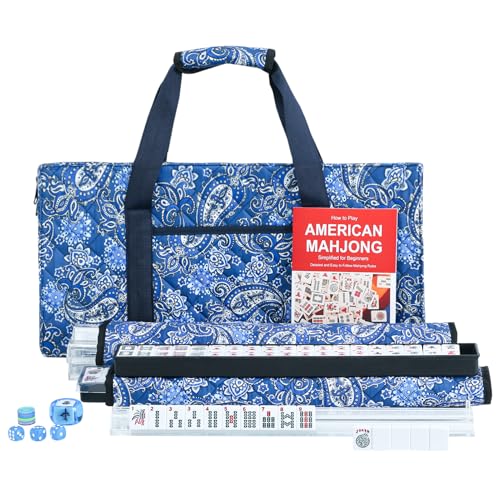 ZGME American Mahjong Set,166 White Tiles with Blue Bag and Accessories,4 Transparent All-in-One Mahjong Racks with Pushers,Complete Mahjong Set - color: Deep Blue