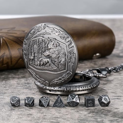Mini DND Dice Set with Steampunk Wolf Pocket Watch Shell Case, 7pcs Polyhedral Metal D&D Dice Set, DND Gifts with Gift Box for Gamer, Role Playing Board Games Accessories, Dark Silver, Zinc Alloy - color: Dark Silver