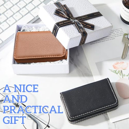 Outus 2 Pcs Business Card Holder, PU Leather Business Card Case Pocket Wallet with Magnetic Shut for Valentines Gift Adult(Black, Apricot) - color: Black, Apricot
