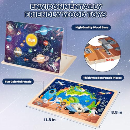 Puzzles for Kids Ages 4-6, 4 Packs 24 Pcs Wooden Jigsaw Puzzles for Toddlers Ages 2-4, Preschool Educational Map Puzzle Toys Gifts for 3 4 5 6 Boys Girls - style: Solar System
