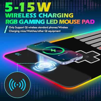 ToLuLu RGB Wireless Charging Gaming Mouse Pad, 7.5/10/15W LED Mouse Pad | Computer Keyboard Mat 10 Light Modes Mousepad, 800x300x4MM Extended Large Big Desk Pad Desk Mat, Game Console Buttons Black - color: Game Console Buttons Black