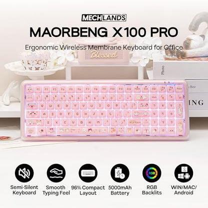 MechLands X Maorbeng X100 PRO Membrane Gaming Keyboard with Number Pad, RGB Backlits, Wireless Computer Keyboard with 5000mAh Battery, BT/2.4G/USB-C Wired, 96% Layout for Windows/Mac/PC (Pink) - color: Pink