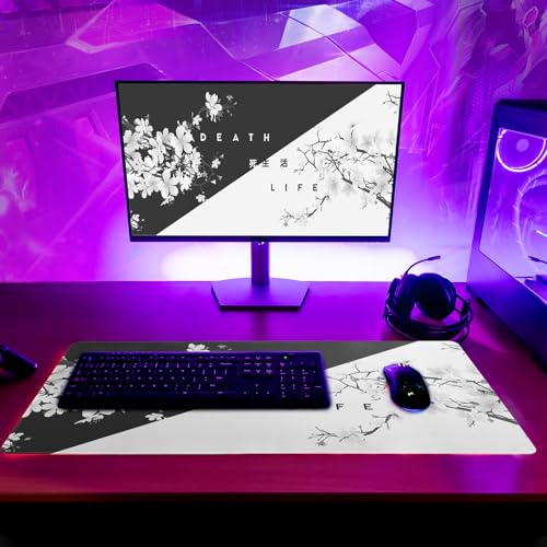 Black and White Mouse Pad 31.5 X 11.8 Inch Japanese Cherry Blossom Extended Large Mouse Mat Non-Slip Rubber Mousepad Stitched Edges Keyboard Mouse Mat Desk Pad for Office Home Game - color: Black and White