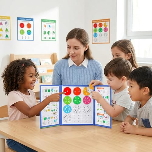 Montessori Magnetic Educational Puzzle for Kids Visual Learners, Practical Fractions Demonstration Book with Circles and Tiles for Home School and Classroom