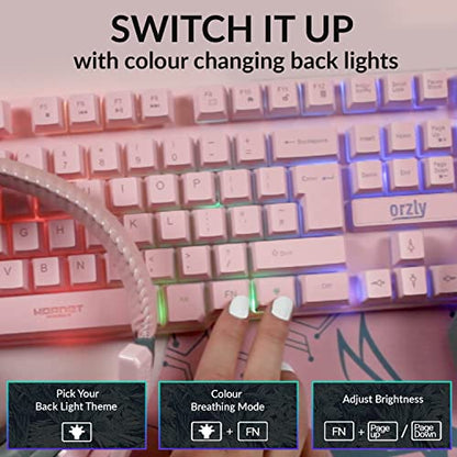 Orzly Pink Gaming Keyboard RGB USB Wired Rainbow Keyboard Designed for PC Gamers, PS4, PS5, Laptop, Xbox, Nintendo Switch, RX-250 Hornet Edition - color: PINK